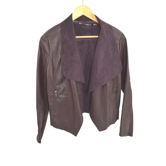 Bagatelle Women's Brown Faux Leather Drape Front Jacket, Small, Zip Pockets - Picture 1 of 6